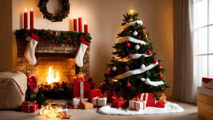 Christmas tree with gifts and decorative candles