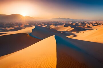 Great Sand Sea, Libyan Desert, Africa stock photo A sunset in the desert with the sun setting over the dunes Behold the vast expanse of a barren desert landscape with sunset background Ai Generative
  - obrazy, fototapety, plakaty