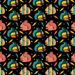 Cute multicolored green-yellow-red-orange squirrels on black background. One pattern from the collection for kids. Vector illustration