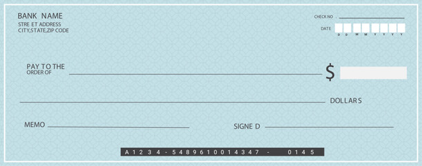 Blank check with false numbers in a blue tone template vector - obrazy, fototapety, plakaty