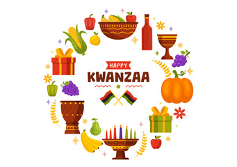 Happy Kwanzaa Vector Illustration with Mazao, Zawadi, Mkeka, Kinara, Gifts, Cup, Candles in Traditional Holiday African Symbol Flat Cartoon Background
