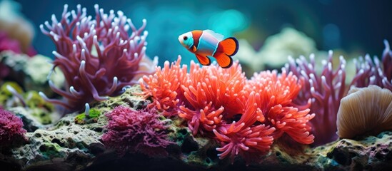Obraz na płótnie Canvas Colorful tropical coral reef with Skunk Clownfish With copyspace for text