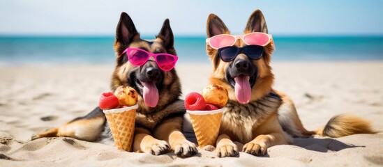 Fototapeta na wymiar Amusing dogs at the sandy beach with red sunglasses enjoying watermelon and ice cream