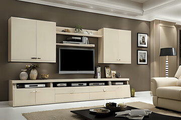 Minimal cream color living room wall cabinet and shelf