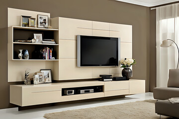 Minimal cream color living room wall cabinet for TV, books and vases