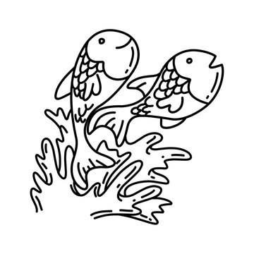 Fish jump out from water. black and white fish illustration for coloring kids.