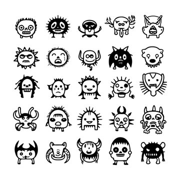Set of monster heads. Funny head face black white silhouette. Eyes horn teeth fang tongue spike