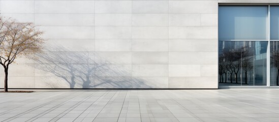 Contemporary city building with tall white walls beside bare sidewalk covered in gray stones during...