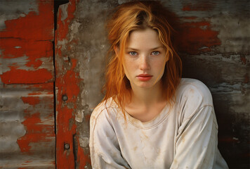 Fototapeta premium Outdoor portrait of a model with long red hair posing in front of an old wall with peeling paint. Natural complexion and pale skin.