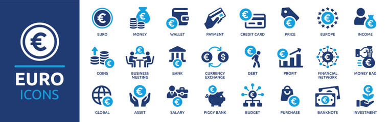 Euro money icon set. Containing Euro currency, income, payment, business and investment icons. Financial icon collection. Vector illustration. - obrazy, fototapety, plakaty