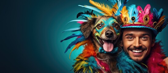 Dog and owner in festive costumes for Mardi Gras With copyspace for text