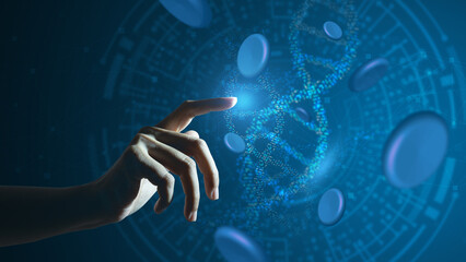 Hand point and touch DNA.Healthcare and medical icon pattern innovation digital technology...
