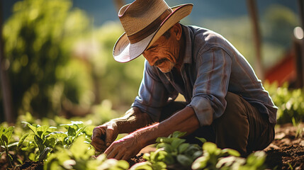 Dedicated Latino Farmer Tending to His Crops - obrazy, fototapety, plakaty