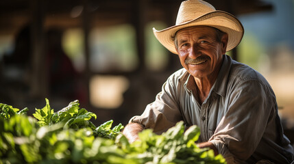 Dedicated Latino Farmer Tending to His Crops - obrazy, fototapety, plakaty