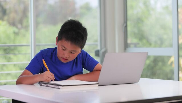 12 year old boy working on his school homework.