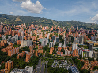 Medellin, Antioquia, Colombia. May 3, 2023: Landscape with buildings and blue sky in the town.