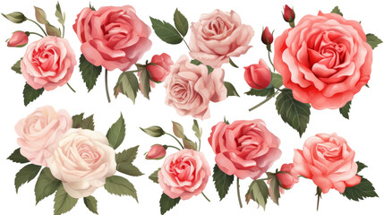 Collection of Colored English Roses Isolated on Transparent Background