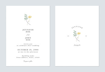 White minimalist green leaves and cosmos flower wedding invitation - 657384846