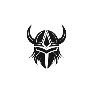 Viking logo design. Nordic warrior symbol. Horned Norseman emblem. Barbarian man head icon with horn helmet and beard. 