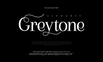 Greytone premium luxury elegant alphabet letters and numbers. Elegant wedding typography classic serif font decorative vintage retro. Creative vector illustration