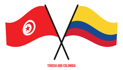 Tunisia and Colombia Flags Crossed And Waving Flat Style. Official Proportion. Correct Colors.