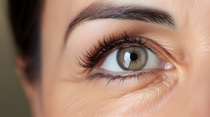 Fototapeta premium close up of mature woman eye with makeup, applying under-eye cream