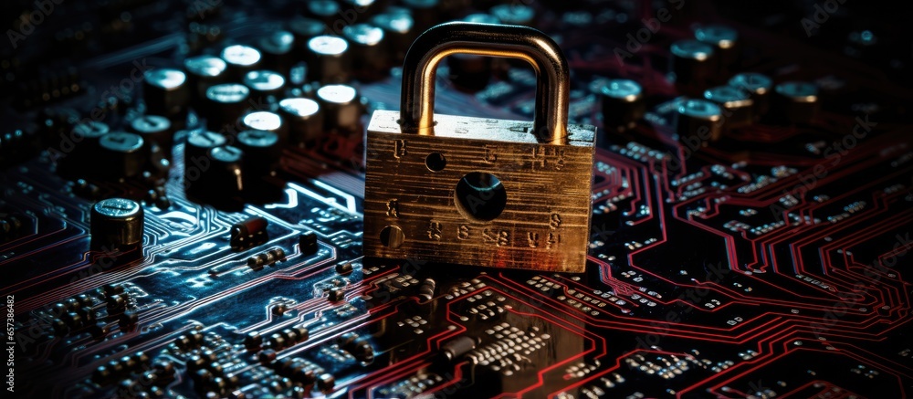 Poster malfunctioning computer circuit board with broken key and locked padlock with copyspace for text
