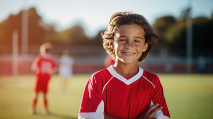 A young boy soccer player wearing a red uniform against soccer field. - obrazy, fototapety, plakaty