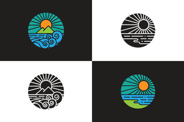 Beach icon logo, sun and sea tidal waves, flat design with silhouette variations