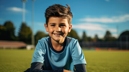 A young boy soccer player wearing a blue uniform against soccer field. - obrazy, fototapety, plakaty