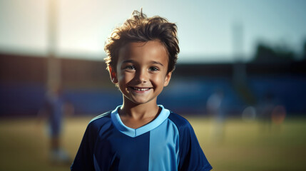 A young boy soccer player wearing a blue uniform against soccer field.