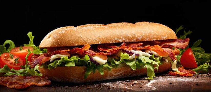 Picnic sandwich with vegetables bacon salad cheese and onion served on ciabatta baguette