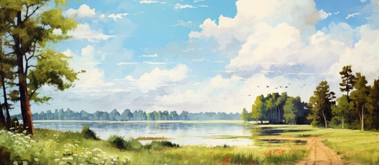 Digital artwork depicting a summer landscape including a lake and trees in a fine art style