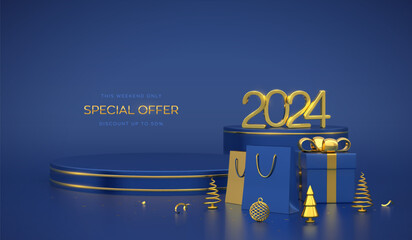 Happy New 2024 Year SALE banner. Scene and 3D round platforms on blue background. Golden metallic numbers 2024. Pedestal with gift box with gold bow and shopping bags, pine, cone spruce trees. Vector.