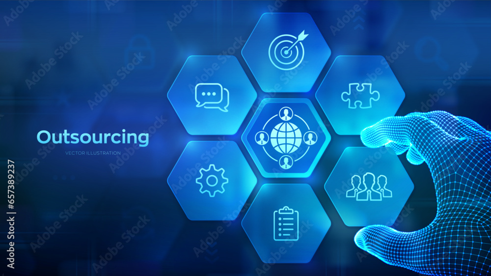 Poster outsourcing and hr. social network and global recruitment. global recruitment business concept. wire