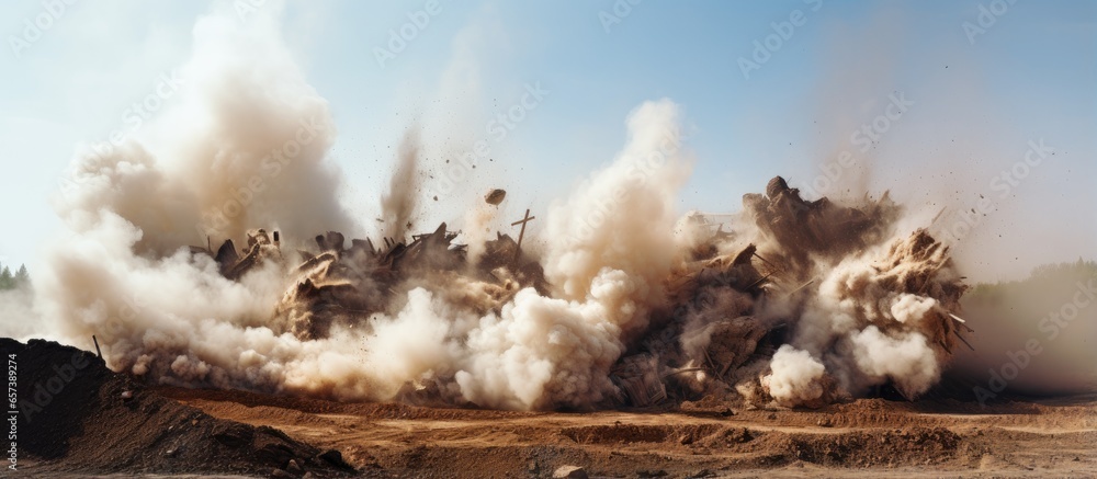 Aufkleber explosive blast in open coal mine with dust and smoke in the sky and soil being blasted with copyspa