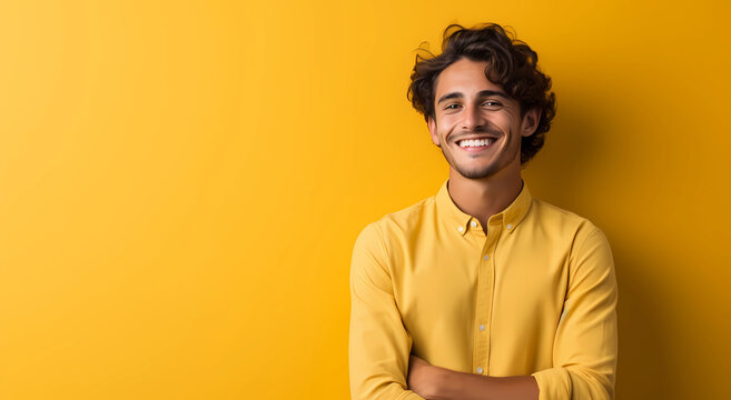 young smiling young man standing on yellow background