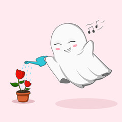 Cute Ghost Watering Plants Illustration