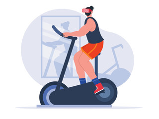 Exercise flat vector illustration. Men riding exercise bike while wearing VR gogles.