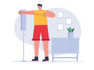 Boy doing exercise with resistance band. Exercise flat vector illustration. 