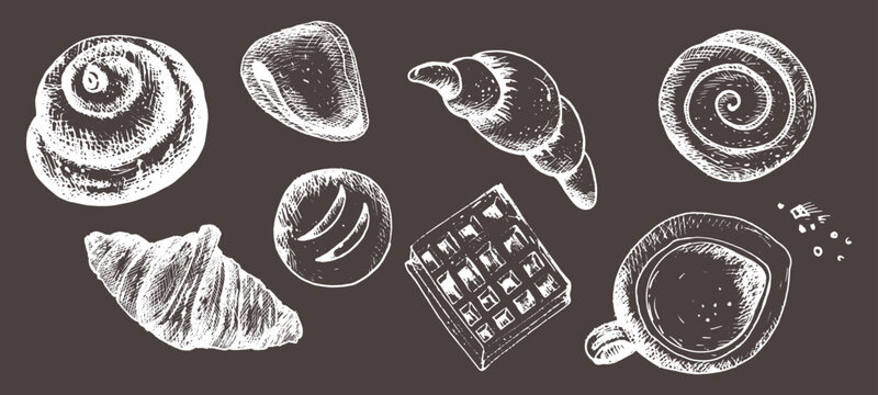 Sketch graphic illustration of buns, waffles, pastries, bread, a draft silhouette drawing, drawing with orange lines on white. A design kit.