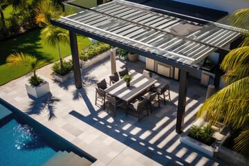 Modern black bio climatic pergola with top view on an outdoor patio. Teak wood flooring, a pool, and lounge chairs. green grass and trees in a garden - obrazy, fototapety, plakaty