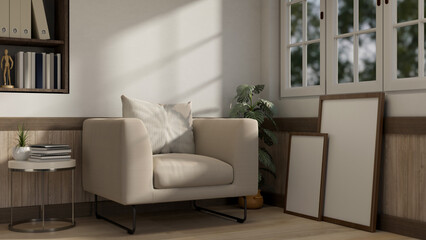 Interior design of a cosy Scandinavian living room with a comfortable armchair and decor.