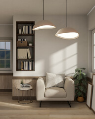 Interior design of a cosy Scandinavian living room with a comfortable armchair and decor.