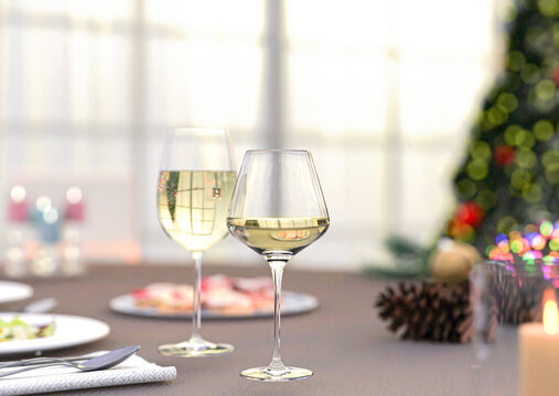 Dining table ready for the Christmas party with two glasses of white wine in foreground and dining room defocused background. Holiday season. 3d render.
