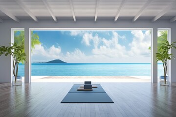 Clean and calm yoga studio with beautiful nature view. Interior design. Generative AI