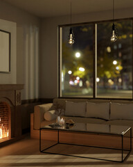 A cosy modern living room at night with a couch, a coffee table, a vintage fireplace, and decor.