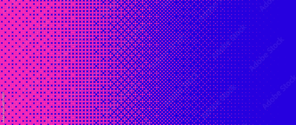 Aufkleber Pixelated bitmap gradient texture. Blue and pink dither pattern background. Abstract glitchy pattern. 8 bit video game screen wallpaper. Wide pixel art retro illustration. Vector backdrop