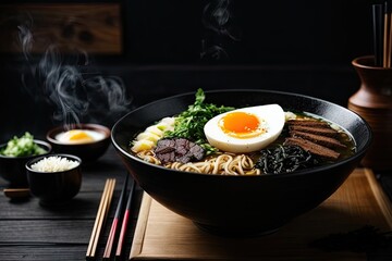 Gourmet Steaming Delicious Premium Japanese Beef and Half-Boiled Egg Ramen in Black Bowl - Authentic Asian Cuisine, AI Generated