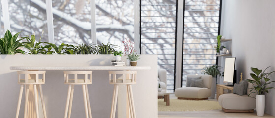 Copy space on a white tabletop with stools in a modern minimal bright living room.